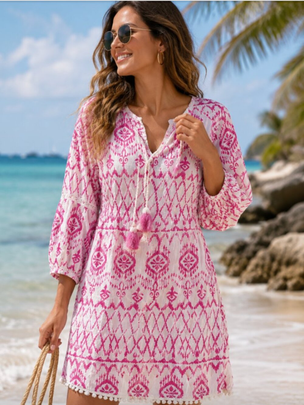 Tommy Bahama Pink White Cotton Tassel Swim Cover Up Tunic SP